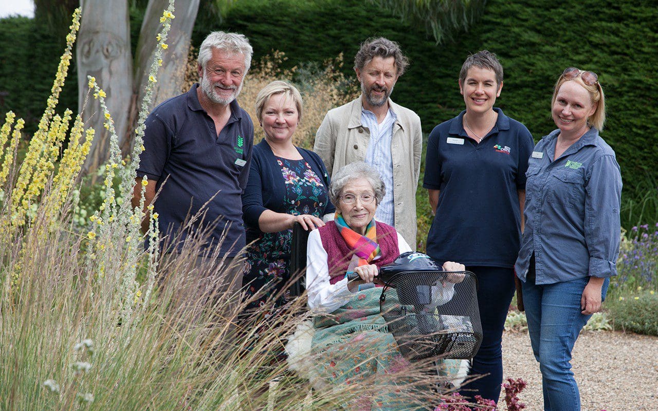 Beth Chatto (centre) with behind (left to right) Dave Ward, Garden Director, Julia Boulton, Managing Director, Dan Pearson, Karalyn Foord, Director of the Education Trust and Asa Gregers-Warg, Head Gardener