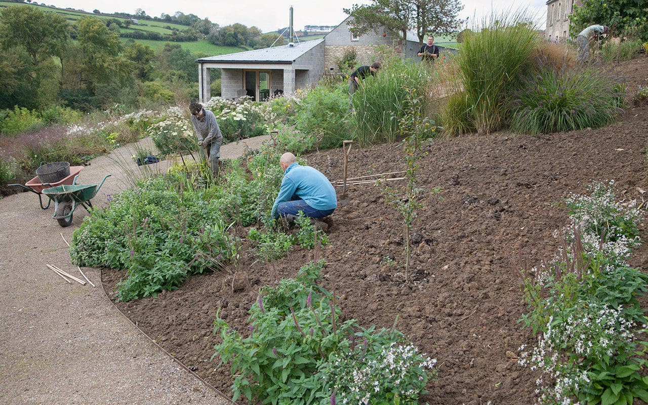 The end of the upper bed in Dan Pearson's new garden being prepared for planting. Photo: Huw Morgan