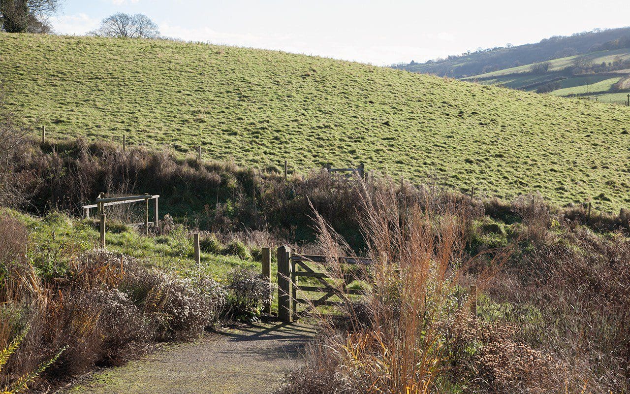 A gate from the garden into the pasture at Dan Pearson's Somerset property. Photo: Huw Morgan
